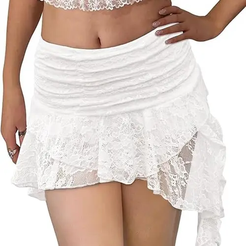 Yousify Women Y2K Lace Mini Skirt Low Rise Pleated Ruffle Short Layered Flowy Asymmetrical Fairy Half Slip Soft Breathable Stretchy Comfortable Basic Womenswear, Bottoms, Elastic,sohochic