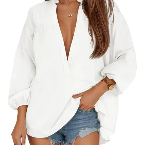 Yousify Womens V Neck Button Down Shirts 3/4 Length Sleeve Blouses Casual High Low Hem Tunics Loose Fit Tops,back to school,back to school shopping,clothes for back to school,first day of school outfits,sohochic
