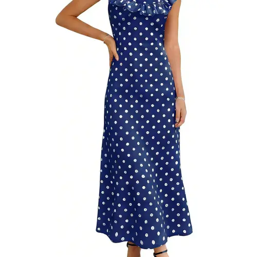 Yousify Women's Off-Shoulder Casual Chic Sleeveless Polka Dot Maxi Dress - Soft Fabric Backless Fitted Hand Wash Slim-Fit Flowy Summer Vacation Beach Wear
