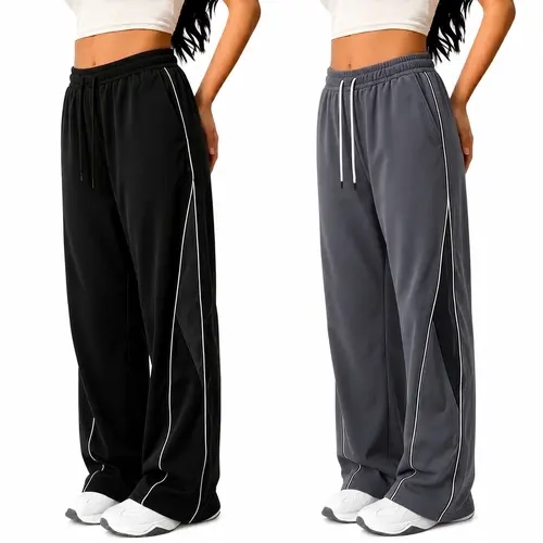 Women's 2-Pack Polyester Track Pants - Lightweight Comfy Blue Striped Wide-Leg Bottom, Spring-Summer Elastic Waist Drawstring Loose Sweatpants, Athleisure Style Bottoms Casual Sporty Pants Urban Streetwear Loose Athletic Trousers,sohochic