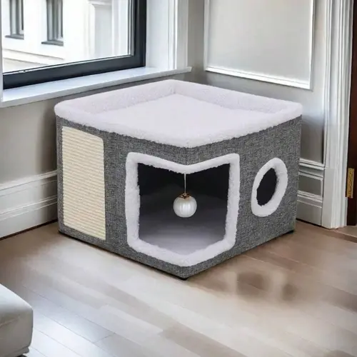 Polyester-Cotton Classic Modern Plain Foldable Cat House - 30lbs Weight Capacity, Large Hole, Round Windows, Fluffy Hanging Balls, Double-Sided Soft Cushions, All-Season Indoor Apartment Use,sohochic