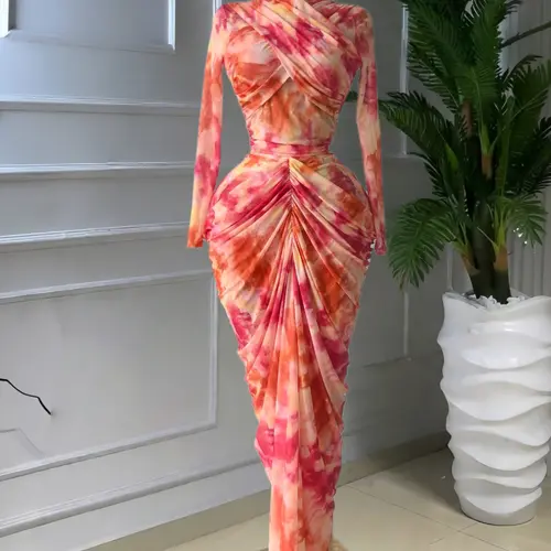 PULKRITU Elegant Women's Tie Dye Printed Two Piece Set Outfits, Wrap Long Sleeve Crop Top + Ruched Maxi Skirt , Casual Beach Resort Birthday,  Vacation Street Lady Two-Piece Set,Female Fashion 2 Piece Co-ord Set, Casual Chic Set
