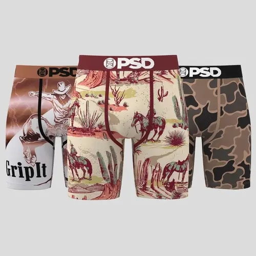 PSD Mens Rope It Ride It Boxer Brief 3 Pack - Standard Length 7 Inch Inseam, Soft and Breathable Poly Blend Fabric