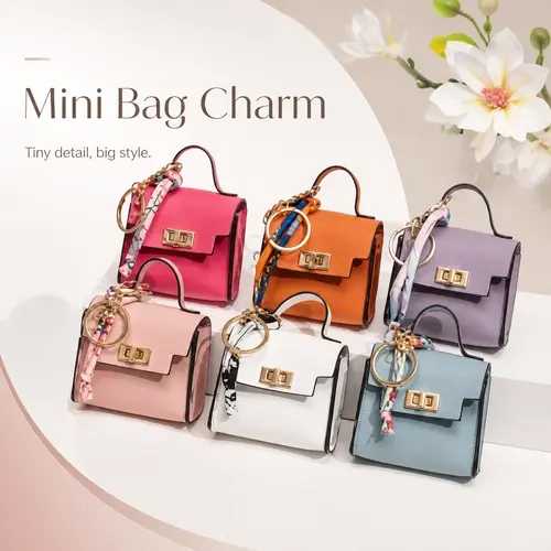 Compact Casual Leather Mini Square Collectible Bag Keychain - Key Accessories for Purses, Keyrings for Keys, Stylish Keyring with Colorful Strap, Strap Loop, High-Quality Material, Smooth