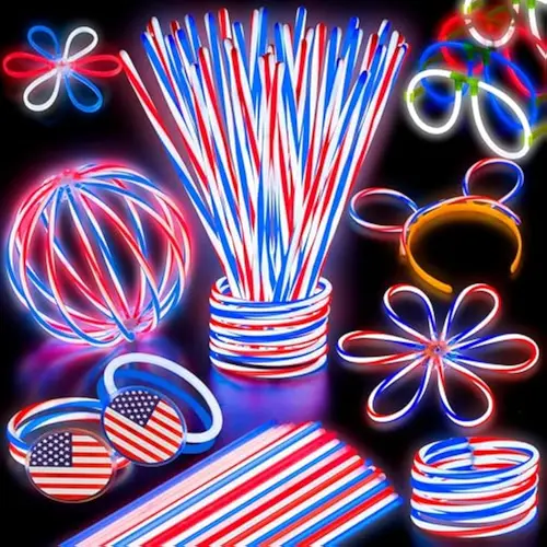 120 Pcs 4th of July Glow Sticks Bulk, 8 Red White Blue Striped Lightup Sticks with Connectors, Glow in the Dark Headband Bracelet Necklace for Independence Day Party Favor Accessory Supply
