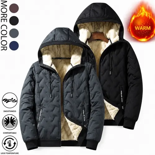 Men's Korean Casual Baggy Winter Jacket - Solid Color, Fleece-Lined Polyester, Hooded, Windproof for Outdoor Commuting, Woven, Hooded Protection, Long Sleeves Keep Arms Covered, Plain Style Keeps Outfits Clean, Windproof Coat zipper full