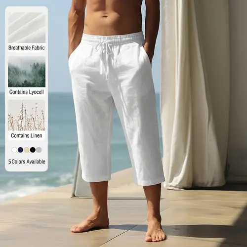 Men’s casual straight-leg summer new breathable drapey soft stylish outdoor 7/8 pants for camping and vacations cool Lyocell linen beach pants