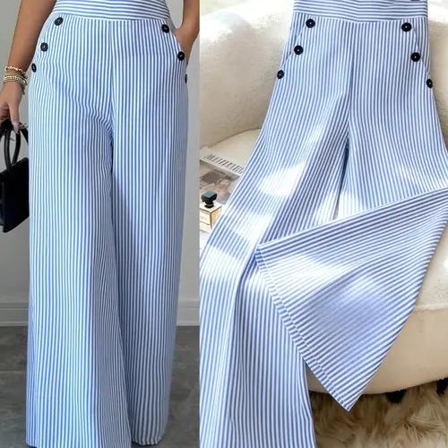 New Korean Style Summer Fashion Simple Elegant Linen Lightweight Blue Striped Long Pants, High Waist Slim Straight Loose Casual Women's Pants, Casual Fashion Bottoms