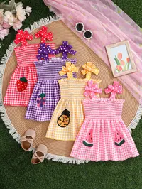 Halloween Pumpkin Ghost Dress, Christmas Snowman Reindeer Pattern Baby Girl Clothes, Plaid Fruit Print Bow Shoulder Strap Cute Sweet Dress