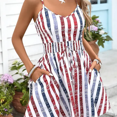 Women's Summer Casual Chic Striped Halter One-Piece Dress Jumpsuit, Lightweight Comfortable Style Perfect for Back-to-School Season and Vacation Wear