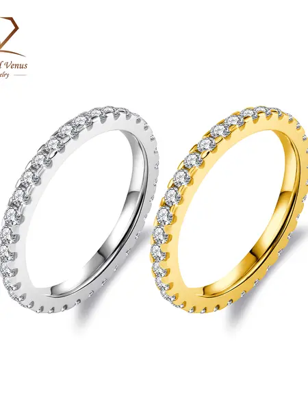 Delzzad 14K Gold Plated Stackable Eternity Ring, VVS Synthetic Moissanite Band - Exquisite Trendy Sparkling Jewelry, Gold Artificial Gemstone Rings for Women (Birthday Mother’s Day Gift)