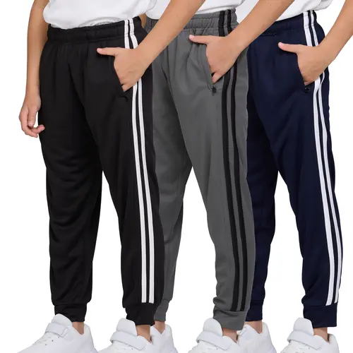PURE CHAMP Boys' Basic 3-Pack High Fitted Striped Quick-Dry Mesh Joggers - Lightweight, 4-Way Stretch Athleisure Bottoms with Zipper Pockets, Adjustable Drawstring for Secure Fit, Secure Ankle Cuff, Durable Fabric, Ideal for School, Travel, and Play