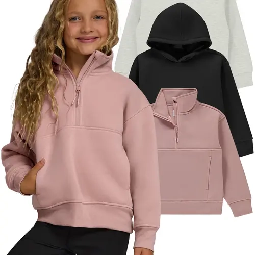 PURE CHAMP Girls' 3-Pack Fleece Casual Sweatshirt Hoodie Set - Ultra Soft Polyester Athletic Clothes, Crew Neck, Drop Shoulder, Kangaroo Pocket, Quarter-Zip Pullover, Relaxed Fit, Anti-Pilling for School & Everyday, Back To School Haul