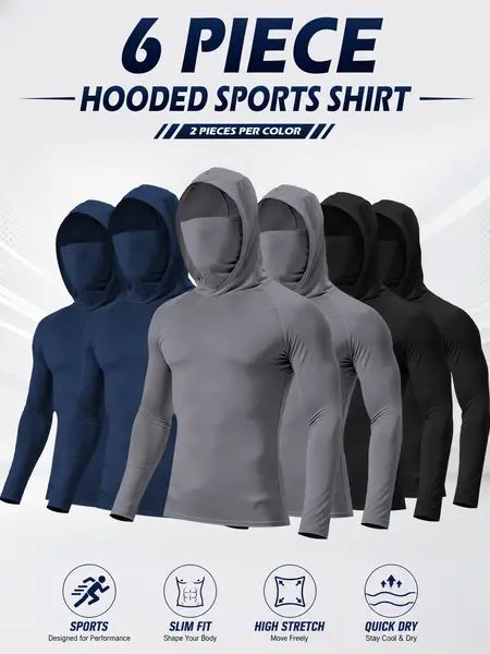 Men’s Sports Hoodie Sets (3 or 6 Packs) - Men’s Clothes, Long Sleeve, Unisex, Universal Fitness Hiking Hooded Tops with Mask Design, High-Stretch Quick-Dry, Sun-Protective, Breathable Fabric for Outdoor Activities
