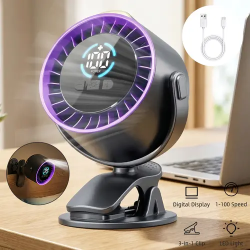 【Toolupgrade】ABS Polycarbonate Mini Portable Adjustable Cooling Fan - 100-Speed Digital Display, Battery-Powered Rechargeable Clip Fan, Sleep Aid for Office Use,toolupgrade
