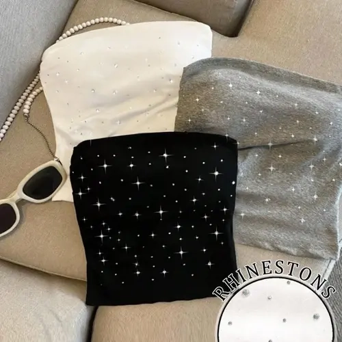 Women's 3-Piece Fashionable Casual Daily Comfort Soft Skin Design Rhinestone Fitted Tank Top Set, Sleeveless Backless Vest, Versatile Inner and Outer Wear Backless Tank Tops