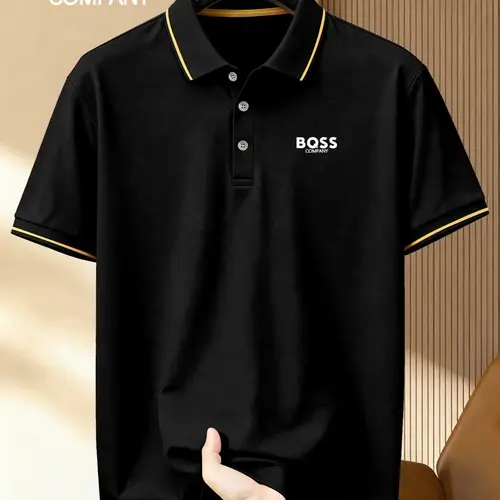 Lb4518 Classic Bqss Logo Print Men's Polo Shirt, Elastic Casual Breathable Four-Season Comfortable Durable High-End Polo Top, Casual Polo Shirts