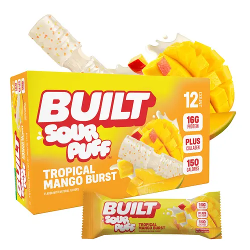Official BUILT Bar, Sour Puff Protein Bars, Tropical Mango Burst, 16g Protein Snacks, On-The-Go Bars, Only 150 Calories, 8g Sugar, Collagen, Gluten Free, 12 Count