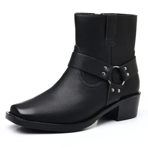 Men's Classic Moto Ankle Boots - Closed Shoes with Pointed Toe, Harness Buckle Strap, Side Zip, Rivets, Cowboy Aesthetic, Urban Cowboy Vibe, Waterproof for Business Casual, Chic Minimalist Wear, Kitten,sohochic