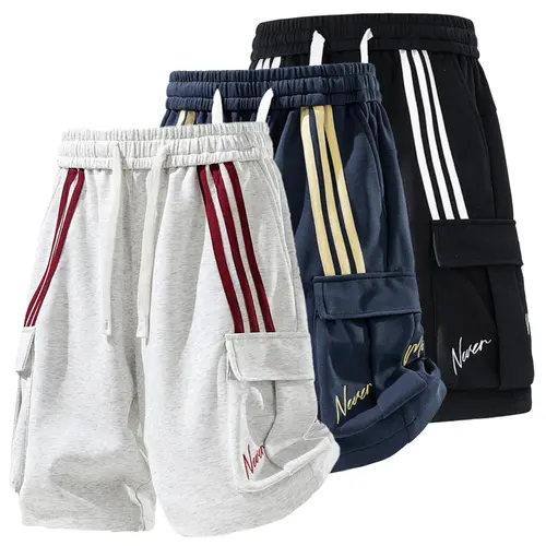 American streetwear shorts with color-block stripes, drawstring elastic waistband, multiple pockets, straight loose fit; men’s summer cool-touch breathable casual athletic shorts for everyday wear and vacations #SummerVibes
