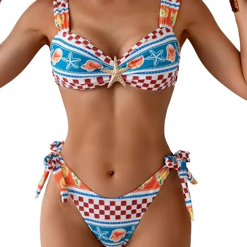 Eomenie Women's 2-Piece Metal Decor Bikini Set, V-Neck Lace-Up Wide Strap Tie-Back Swimwear, Nylon Blend Bathing Suit with Removable Pads