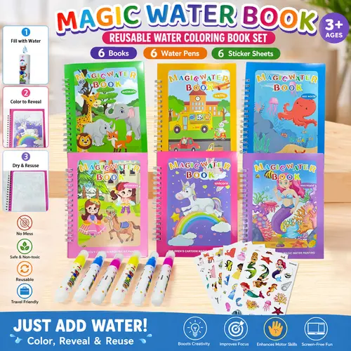 6 Pack Toddler Reusable Water-Reveal Coloring Books - Safe Clean Water Ink, Colors Fade, Pages Reuse, Repeatable Play Travel-Ready Educational Drawing Toy Kit with Pens, Gifts for 3-6 (Mermaid, Princess, Unicorn, Sea World, Animals, Traffic)