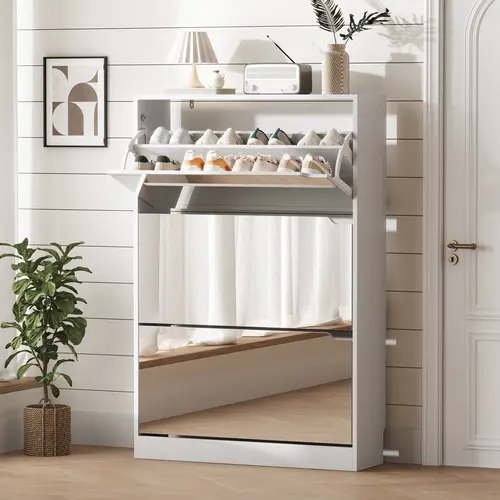 Freestanding Slim Shoe Cabinet with 3-Flip Mirror Drawers, Hidden Handle, Stable Structure, Anti-Tipping Device Adds Daily Peace, 9.45"-Depth Slim Entryway Fit, Smooth Finish Wipes Clean with Ease for Hallway, Bedroom