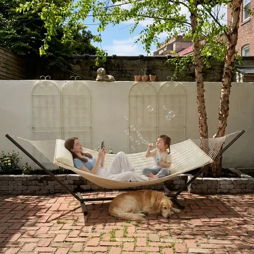 [Summer Sale] Portable Double Hammock with Pillow, Adjustable Rust-Resistant Steel Stand, 475 lbs Capacity, Breathable Mesh Solid Color Camping Hammock, Hiking/Light Outdoor Furniture for Patios, Backyards