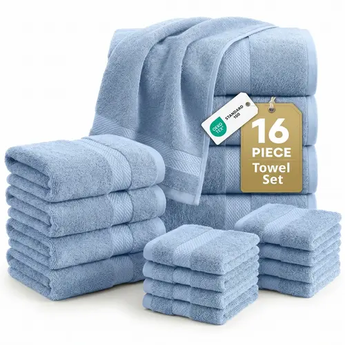 LANE LINEN 100% Ringspun Cotton Hotel-Style 16-Piece Family Bathroom Towel Sets - 4 Bath, 8 Washcloths, 4 Hand Towels, Soft, Lint-Resistant, Water Absorbent, Quick-Dry, Durable, Modern, OEKO-TEX Certified, Ideal for Gym Use, Great Gift Option