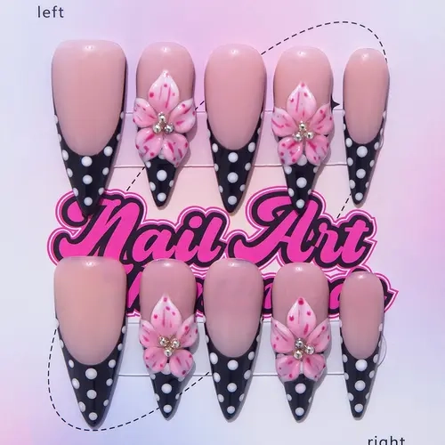 Delicatething Y2K Style Long Point False Nails, Handmade with Floral Patterns, Nail Art Design, Suitable for Parties, Includes Jelly Glue and Crystal Stick