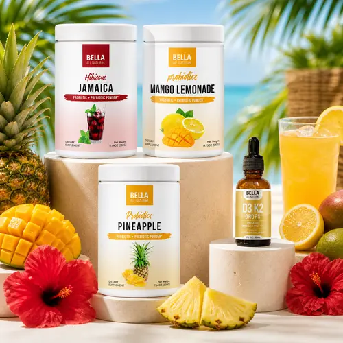 Bella All Natural Summer Ready Probiotics Kit: Jamaica + Mango Lemonade + Pineapple + D3 K2 Drops