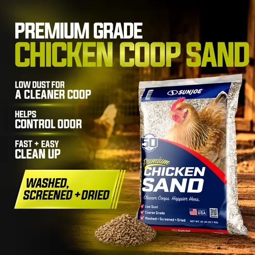 Sun Joe Coop Sand, Natural Coarse Grade Chicken Coop Bedding, Ammonia & Odor Control, Low Dust, 50-Lb. Bag