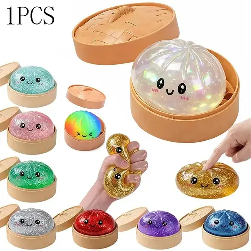 Glitter Effect Dumpling Squishies with Box, Playful Squishy Sensory Play Fidget Toy for Stress Relief, Assorted Collectible Baozi Decompression Dough Toy, Sensory Friendly