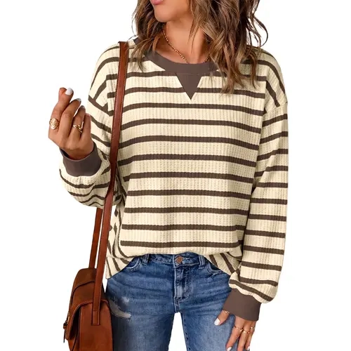 Dokotoo Womens Oversized Long Sleeve Striped Crewneck Cuff Ribbing Casual Knit Pullover Sweatshirt Waffle Tops