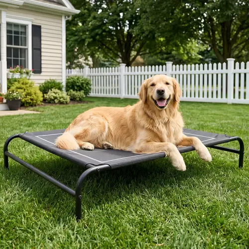 Dono Nylon Elevated Dog Bed - Black Large Size Portable Cooling Cot with Heat Reducing Mesh, Raised Frame, Stain Resistant, Non-Slip, Machine Washable, No Tools Assembly, Chew-Resistant, Hair-Repellent, Kennel Compatible, No Puddles, Indoor-Outdoor Use