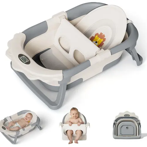 #sohochic MoreFeel Foldable Baby Bathtub with Thermometer - 4-in-1 Grow-with-Me Collapsible Infant Tub (Newborn to Toddler) with Adjustable Mesh Sling - Space Saving Design