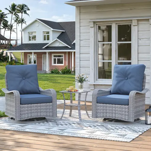 Modern 3-Piece Sturdy Metal Outdoor Furniture Set - All-Weather PE Rattan, High-Back Rocker Deep Seat Chairs with 4" Cushions, Curved Arms, Fade-Resistant Side Table for Outdoor Patio, Deck, Garden Party