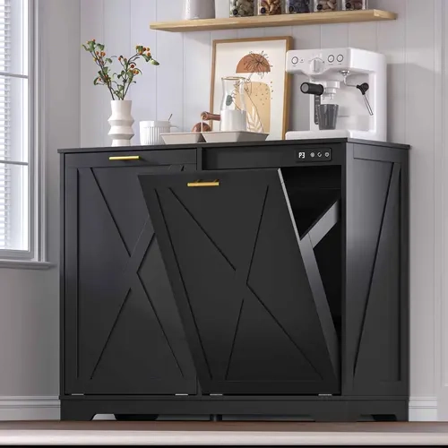 Farmhouse Sturdy Waterproof 2-Tilt-Out Trash Storage Cabinet - Engineered Wood Unit with 10 Gal Bins, Hidden Recycle Enclosure, Negative Ions & Ozone Odor Control, Assembly Required for Kitchen, Laundry Room