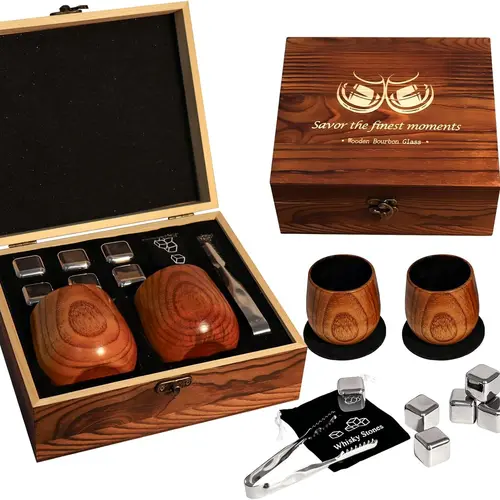 Handcrafted Charred Oak Whiskey Glasses Set - Premium Stainless-Steel Wooden Utensil Bar Tumblers, Indoor Bourbon Gift for Men (Birthday, Retirement)