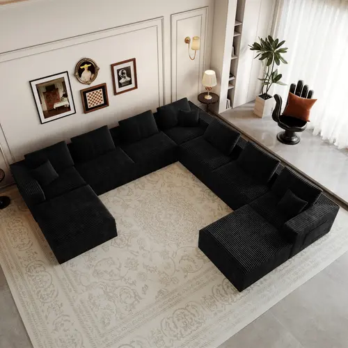Niccae 9-Piece Modular L-Shape Couch with Chaise Lounge, Reversible Seating, No-Assembly Unwrap & Relax, Plush Corduroy Upholstery, Plush Foam, Spring Pack Support, 141.73x141.73in Corner Layout Living Room Apartment Furniture (Black) [Sub 2-3 Packages],s