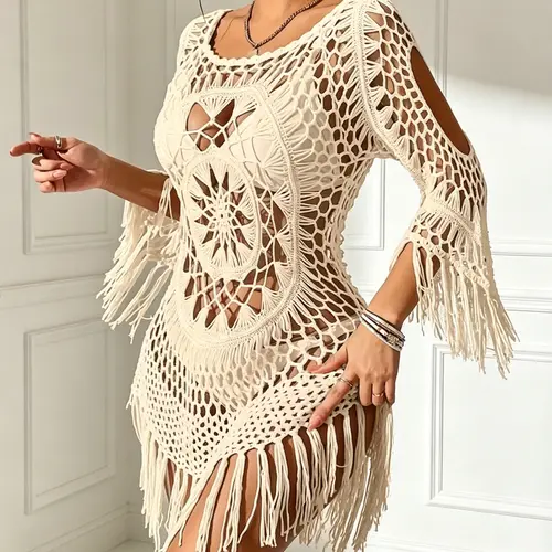 2026 New Hand-Crocheted Beach Skirt with Tassels Hand-Crocheted Floral Hollow-Out Camisole Beach Cover-Up for Women