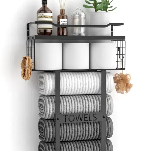 Wall Mounted Towel Rack for Bathroom - Bath Storage Holder Set Above Toilet, Rolled Towel Shelf Organizer, Wood Vertical Rack for Small Bathroom Decor