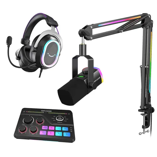 Fifine Ultimate Streaming & Gaming Bundle Kit - AM8ProT Boom Microphone with RGB Lights, Boom Arm, SC8 Audio Mixer, H13 Headset, 5V, 20-20kHz, 44.1/48kHz, 115dB Maximum SPL Streaming Equipment