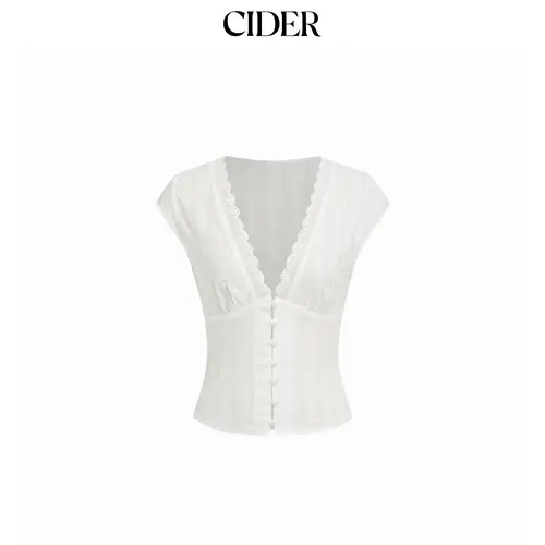 Cider Textured V-neck Short Sleeve Lace Trim Pearl Button Blouse