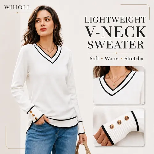 WIHOLL Women's Casual V-Neck Knit Sweater - Loose-Fitting Long Sleeve Lightweight Top with Decorative Button Cuffs, Soft Drape, Relaxed Length, Chic Pullover, Clothes, Machine Washable, Multi-Size Basics, Sweaters,sohochic