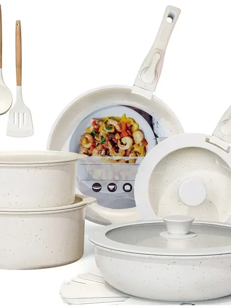 MDHAND 17-Piece Aluminum Round Nonstick Bundled Cookware Set with Detachable Handles, Stackable Pots & Pans for Home/RV, Induction-Ready, Oven & Dishwasher Safe for Frying, Stir-Frying, Stewing, Boiling