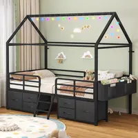 ADORNEVE Twin Size Bed Frame with 6 Drawers,House Bed with Globe String Lights Plug in,Metal Kids Bed with Safety Guardrail & Inclined Ladder,No Box Sping Needed