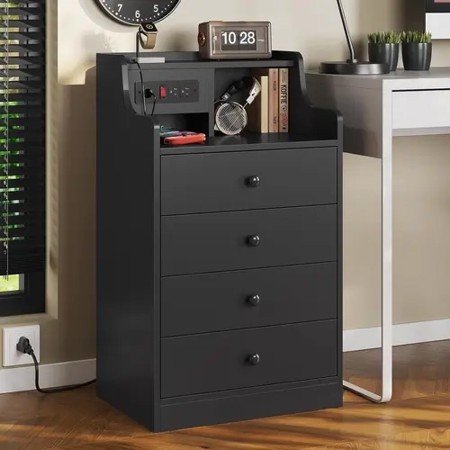 ADORNEVE Large Black Modern Nightstand - Storage Nightstand with 2 AC+USB+USB-C Charging Station, Built-In Large-Format Drawer, 4 Drawers, Tall Bedroom Hutch for Display, Indoor Furniture for Bedroom Decor