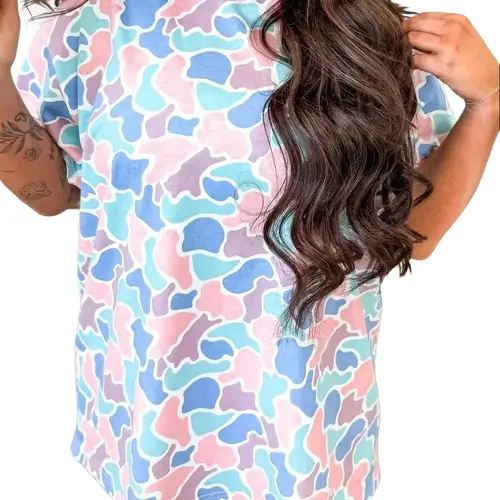 Women's Oversized Polyester Colorful Camouflage Short-Sleeve Crew Neck Casual T-Shirt Top, Camping Essential, Cute Trendy Popular Shirts, Leggings-Matching Clothes, Clothes For Women,sohochic