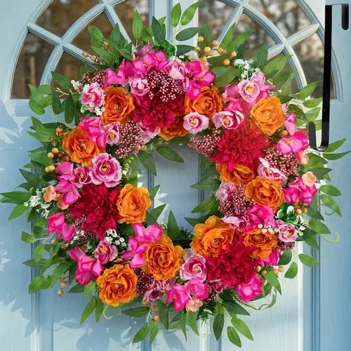 26 in Silk Artificial Flower Wreath with Hanger - Artificial Fake Plants, Silk Flowers, Mixed Blooms (Dahlia, Peony, Hydrangea) for Front Door, Porch Decor, Porch Mantel - Pink & Orange Home Festive Decoration, Peonies Flowers,sohochic